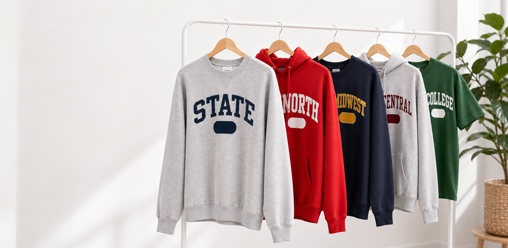 College apparel hanging on a rack